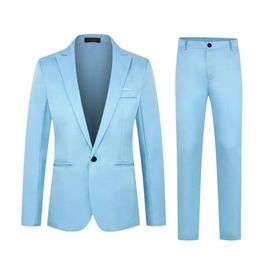 2pcSset Men Spring Automne Color Couleur Business Business Suit Lapon Poignes à manches longues Single Bouton Blazer Slim Fit Long Pants Set 240513