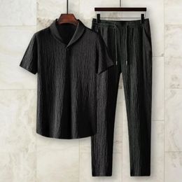 2pcSset Summer Homme Suit élastique Tauge plissée Men de conduite Business Short Shirts Long Pantal