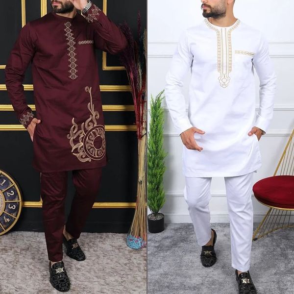 2 pièces ensembles hommes tenue brodé poche à manches longues haut pantalon costume de mariage affaires ethnique tenue décontractée t-shirt Homme 240307