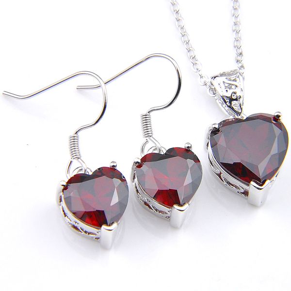 Luckyshien rojo granate gemas pendientes colgantes 925 collar de plata corazón para mujeres encanto moda conjuntos de joyería bodas fiesta regalo de vacaciones