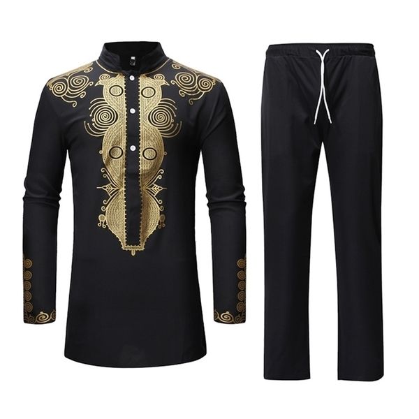 2 pièces ensemble de vêtements noir Dashiki 3D imprimé chemise hauts pantalons pour homme africain ethnique Dashiki T-shirt coton Bazin Riche 210408