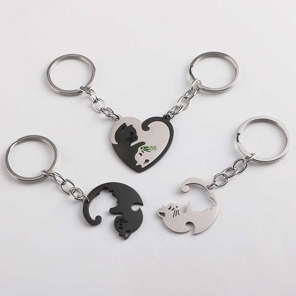 2r3f Porte-clés Longes 2pcs Puzzle Chat Porte-clés Couple Amoureux Animal Correspondant Porte-clés Pendentifs Saint Valentin Cadeau En Acier Inoxydable Amour Coeur Porte-clés