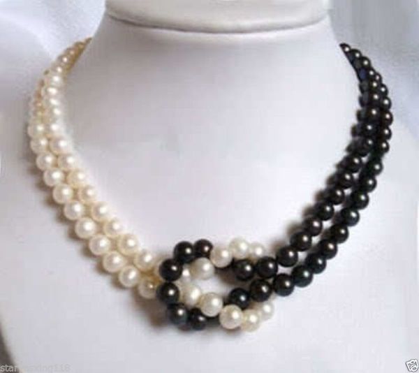 Collier de perles d'Akoya blanc noir 2 rangs 7-8 mm