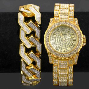 2 Set Mannen Hip Hop Iced Out Lab CZ Crystal Bling Horloge Glitter Geometrische Armband Sieraden Gift