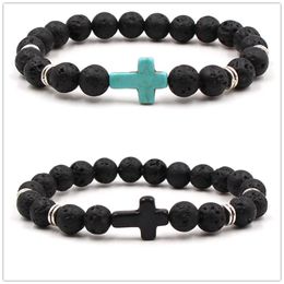 2-styles natuurlijke zwarte lava stenen kruis elastische armband aromatherapie essentiële olie diffuser armband fo mannen sieraden