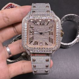 2Tone Rose Gold Heren Iced Diamond Watches Romeinse cijfers Schaal Vierkante Diamond Bezel Nieuwe trend Hiphop horloge Automatic Movement Watches