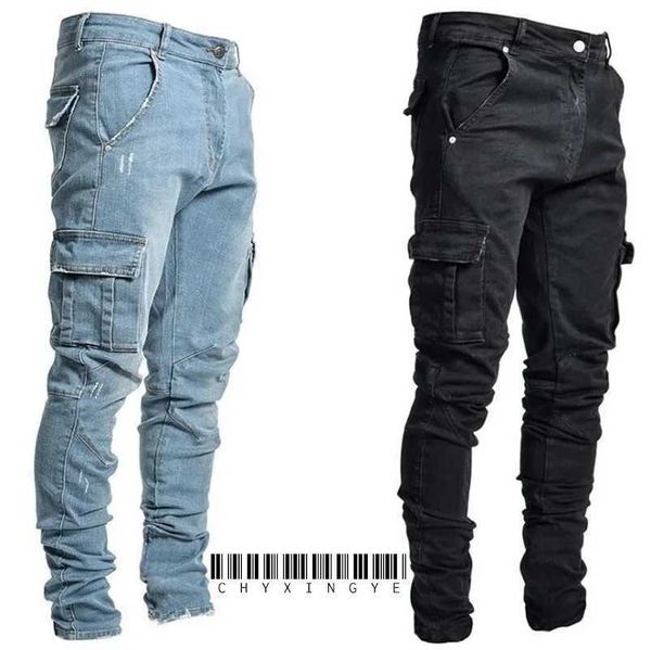 2Tzi Jeans para hombres para hombres Stretchy Skinny Rispped Moldista lateral Pantalones de mezclilla delgada Biker Biker Moda Pantalones de chándal Pantalones de Hip Hop Jogger D240417