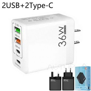 Adaptateurs muraux multi-ports 2USB + 2PD 36W, chargeur pour téléphone portable, EU/US/UK, adapté pour smartphone iphone Samsung