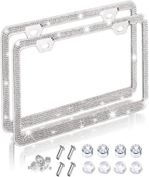 2x cadres de plaque d'immatriculation de voiture Bling pour femmes couverture de diamant scintillant paillettes strass cadre en acier inoxydable intérieur lumière externe 2925753