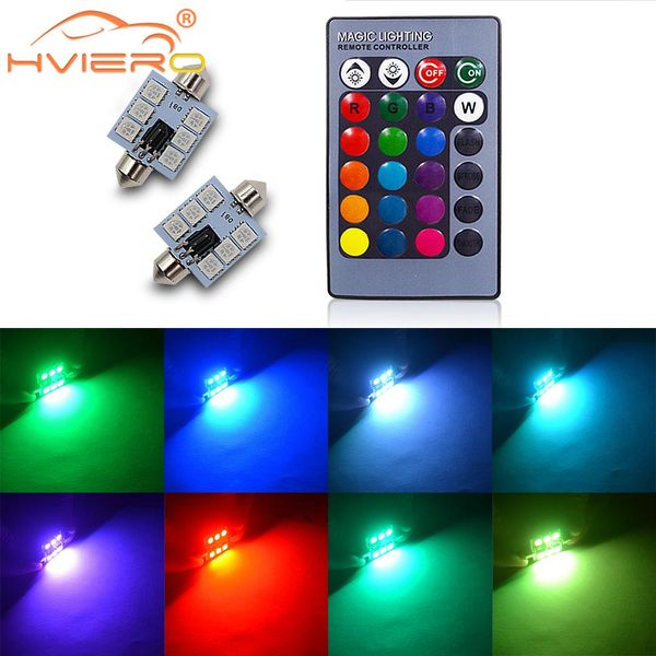 2x RGB 5050 6SMD Festoon Luces C5W Dome Light Car LED Auto Mobile Mobile Controlado Lámpara de Lectura Colorida Techo Bulbos