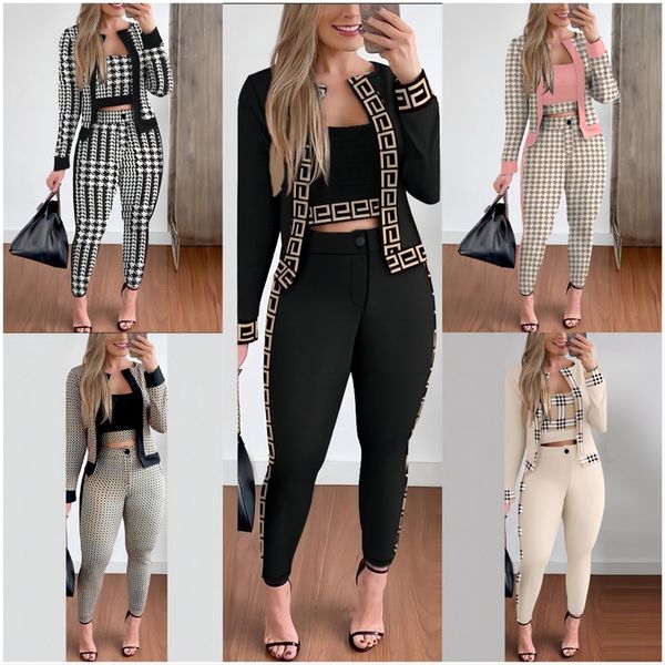 2XL Imprimer Femmes Trois Pièces Pantalon Ensemble Col Rond Manches Longues Bandeau Top Coat et Pantalon Crayon Jambe Pleine Longueur Ensembles Assortis Mode Flash Tenues Slim Grande Taille