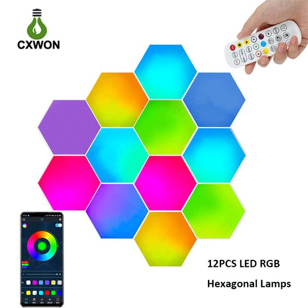 3-12 PCS DIY Smart RGBIC Lámparas de pared APP Bluetooth LED Lámpara hexagonal Control de voz Inducción Fantasía color Luz de neón con control remoto