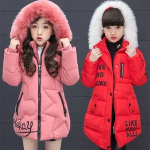 3-12T Girls 'Coat Big Fur Collar Hooded Jacket Winter Dikke Warme Katoen Mid-Length Down Girls Tiled 2111203