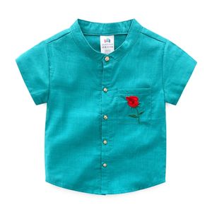 3-12T jaren Kinderkleding Zomer Mode Katoen Blauw Kleur Borduurwerk Bloem Korte Mouw Mandarijn Kraag Verjaardag Jongen Shirt 210529