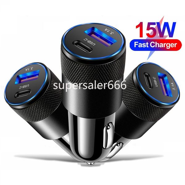 3.1A 15W PD Cargador de coche Adaptador de encendedor de cigarrillos de aleación de aluminio Cargador rápido USB-C Tipo c Cargador automático de coche para iphone 12 13 14 15 Samsung S22 Htc Lg S1