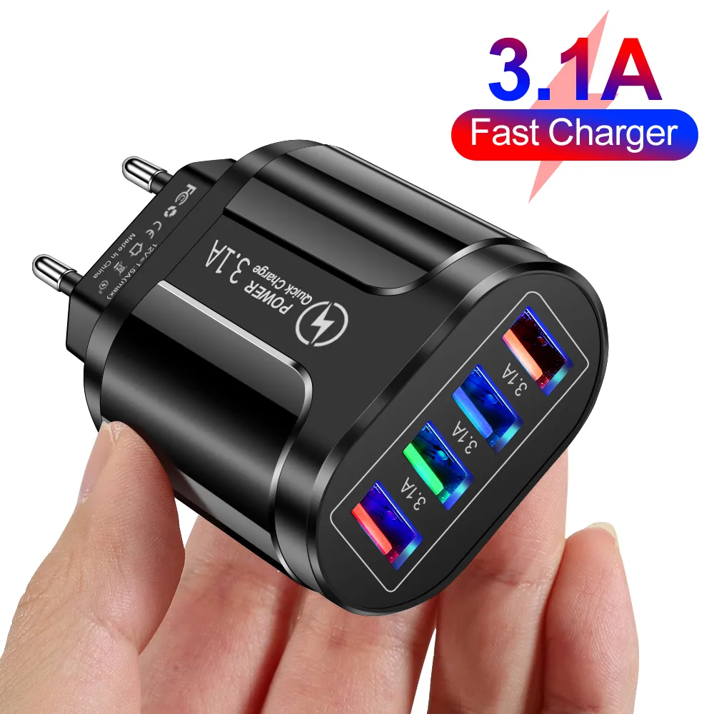 Chargeur de voyage USB 3.1A à 4 Ports, Charge rapide QC 3.0, Charge murale, adaptateur de Charge pour iPhone 13 12 Samsung Xiaomi