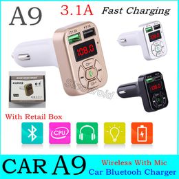 Adaptateur 3.1A A9 Chargeur de voiture Bluetooth Transmetteur FM avec double adaptateur USB Lecteur MP3 mains libres Prise en charge de la carte TF pour iPhone Samsung