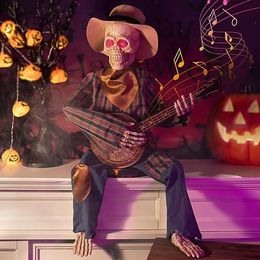 3 2 ft Banjo spelen skelet Halloween decoratie, ogen lichten op met sensorfunctie Animatronics skelet muzikaal herfst binnendecor gebruikt