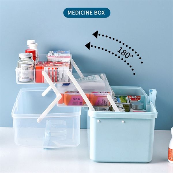 Boîte de rangement pour trousse de premiers soins portable 3/2 couches Boîte de trousse d'urgence familiale multifonctionnelle en plastique avec poignée Armoire à pharmacie 210315