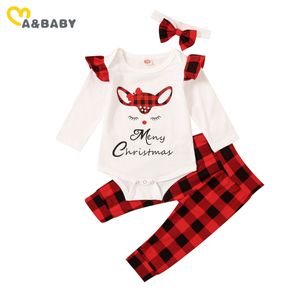 3-24M bébé né bébé fille joyeux Noël vêtements ensemble cerf barboteuse pantalon à carreaux bandeau tenues vêtements de Noël 210515