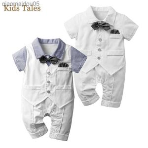 3-24M Pasgeboren Baby Jongens Gentleman Shirt Vest Bowtie Tuxedo Onesie Jumpsuit Een Stuk Korte Mouw Algehele romper Outfit L230712