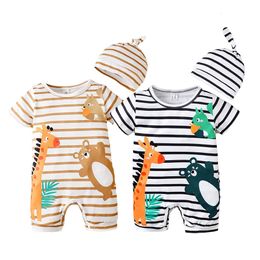 3 24 maanden geboren baby jongen meisje schattig dier patroon romper met hoed gestreepte korte mouw jumpsuit 2 stuks kleding pak 231228