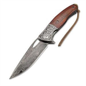 Couteau de chasse à lame en acier damas VG10 de 3,2 pouces, manche en bois de rose, couteaux de poche pliants de Camping EDC