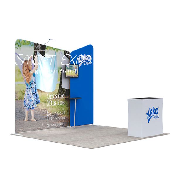 Soporte de stand de feria comercial con exhibición publicitaria 3x3 con estructura de tubo de aluminio, gráficos de impresión personalizados