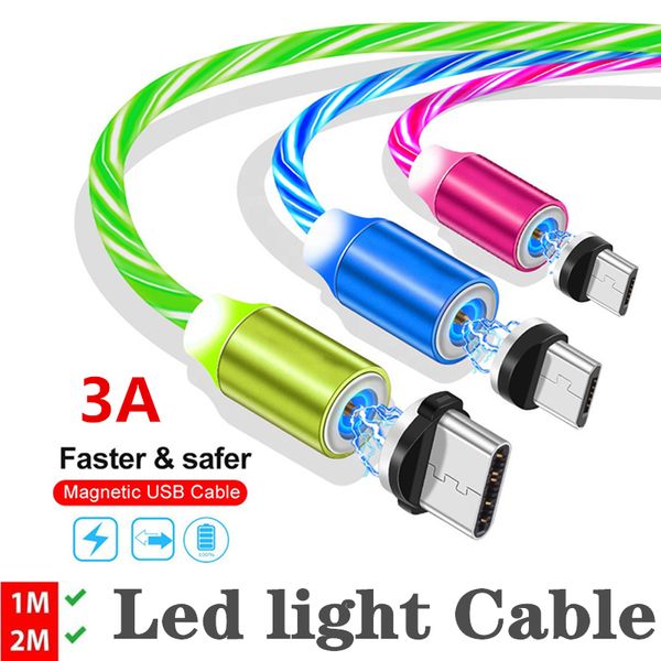 3.3ft /6ft 3A LED Glow Flowing Magnetic Charger Cables Micro tipo c cable Samsung Android Luminous Magnet Cable de carga con bolsa OPP
