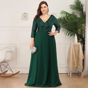 3/4 lange mouwen plus size moeder van de bruid jurken voor bruiloft lovertjes vloer lengte chiffon formele avondjurken