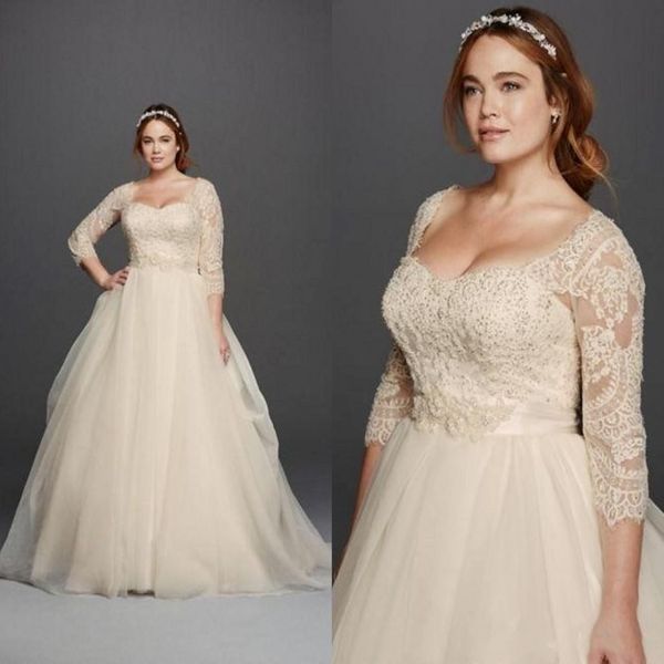 3 4 manches en dentelle en dentelle couverte bouton de gloor longue longueur princesse modes de mariée de mode plus taille 2018 Nouvelles robes de mariée Oleg Cassini 238Z