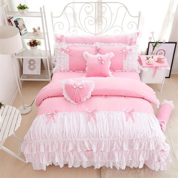 Juego de cama de princesa rosa de algodón de 3 4 Uds., borde de encaje, color rosa sólido y blanco, juego de dormitorio doble reina rey, funda nórdica, falda de cama 207W