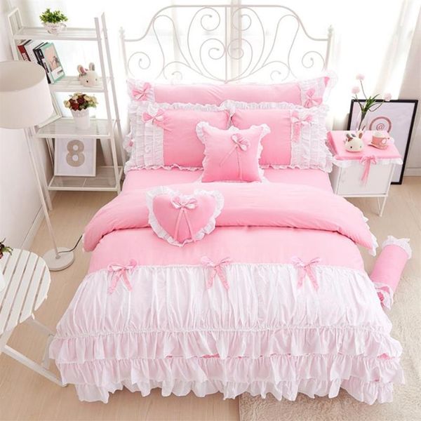 Juego de cama de princesa rosa de algodón de 3 4 Uds., borde de encaje, color rosa sólido y blanco, juego de dormitorio doble reina rey, funda nórdica, falda de cama 305V