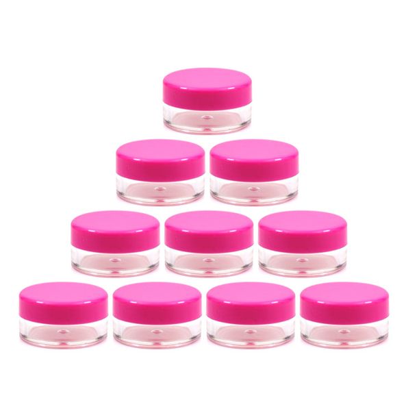 Récipient d'échantillon de maquillage en plastique de 5 grammes, petits pots ronds transparents de 5g avec couvercles fuchsia pour cosmétiques, crèmes, maquillage, ongles