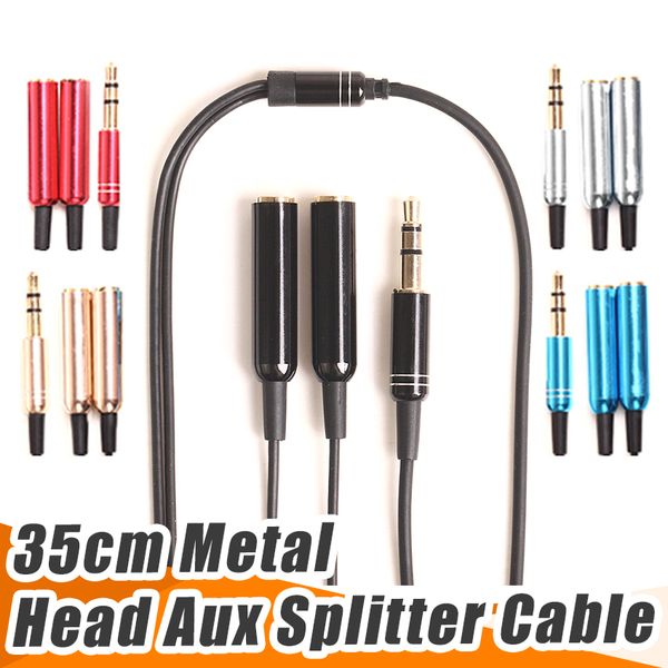 Cable de audio auxiliar Jack de 3.5 mm 1 macho a 2 para mujer Auricular Splitter Y metal Cable de extensión para teléfono de coche Tableta Cable de audio 100 unids
