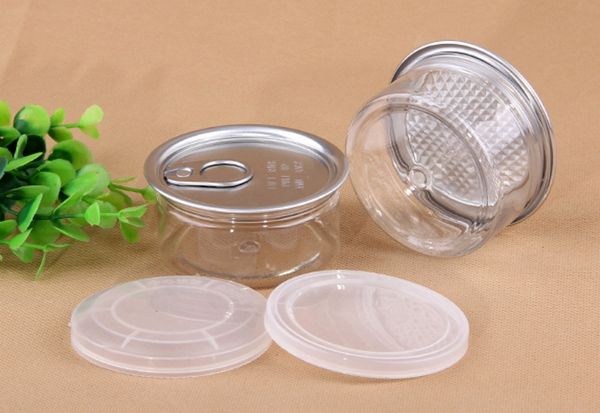 Frasco de plástico de 3,5 g, lata transparente PET 65 * 33 mm para alimentos 170 ml / 7 g 100 ml / 3,5 g 50 ml / 1 g con tapa de anillo de aluminio, etiqueta adhesiva personalizada para bebidas, lata de atún