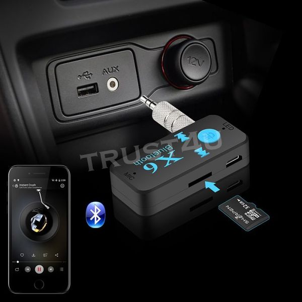 Prise audio 3,5 mm X6 Adaptateur Bluetooth Mains libres sans fil Kit de voiture USB Récepteur Bluetooth Lecteur de carte AUX TF MIC Support d'appel Haut-parleur de voiture