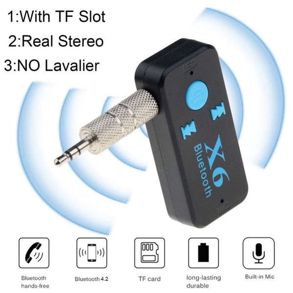 Prise audio 3,5 mm X6 Adaptateur Bluetooth Mains libres sans fil Kit de voiture USB Récepteur Bluetooth Lecteur de carte AUX TF MIC Transmetteurs FM pour téléphone portable