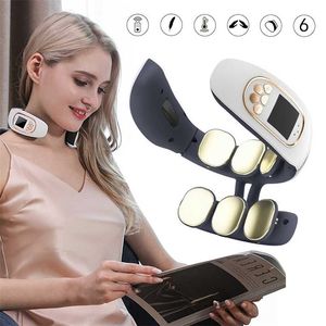 3/6 Heads Smart Electric Neck and Back Pulse Massager Tens Draadloze Warmte Cervicale wervel Ontspan Pijn Kneading Massage Machine 220121