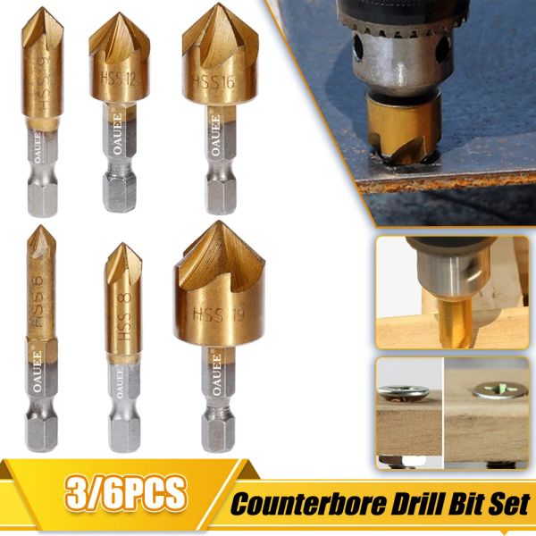 3 / 6pcs Bit de foret de contre-fraude 1/4 '' HEX SHANK HSS 5 FLUTE COURTERINK 90 degrés Cutter de chanfreinage pour outils de forage en bois