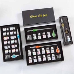 3/7/15 Stuks Glazen Pen Set 7ML Kleuren Inkt Bloemen Kristalglas Kroontjespen Geschenkdoos Schrijven Tekening Briefpapier School Art Supplies 220812