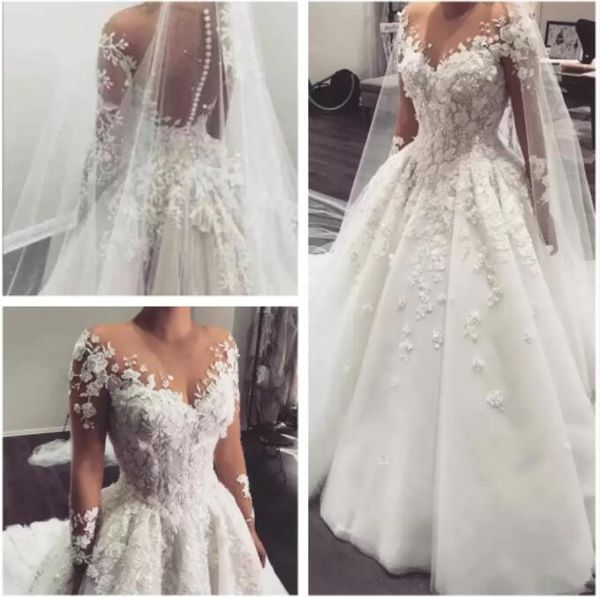 2022 Elegante encaje Una línea Vestidos de novia Árabe Sheer Mangas largas Apliques de tul 3D Floral con cuentas Tren de barrido Vestidos de novia nupciales con botones BC3370 B0513