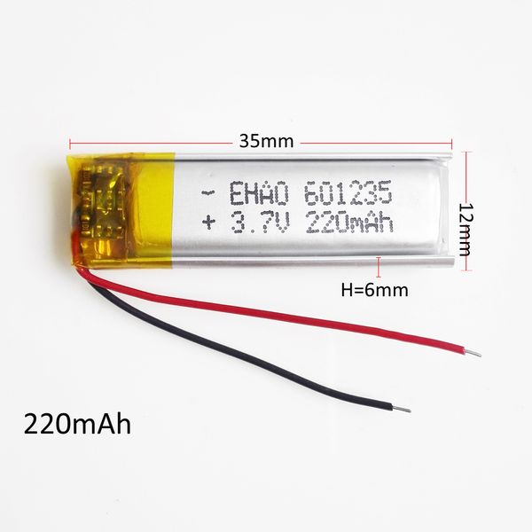 3.7v 220mAh 601235 Batería recargable de polímero de litio LiPo con protección borad power para mini altavoz Mp3 bluetooth GPS Grabador de DVD auriculares