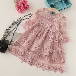 3-8 ans Automne Enfants Rose À Manches Longues Fleur Filles Robe En Dentelle Enfants Mariage Fête D'anniversaire Robe Enfants Vêtements D'hiver Q0716