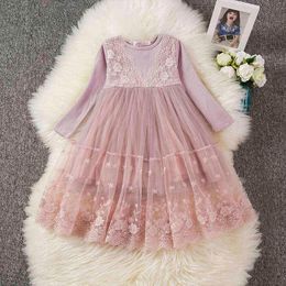 3-8T Girls lange mouw jurk voor herfst kinderen casual jurken dagelijkse slijtage roze kleine meisje prinses volle kleding vestidos g220518