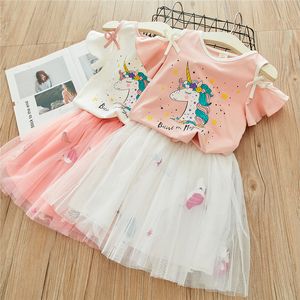 3-8T filles été princesse robe ensemble enfants licorne hors épaule T-Shirt + bouffante gaze jupe 2 pièces ensemble de vêtements tenue décontractée