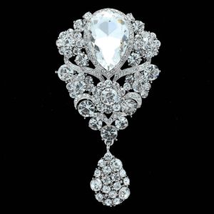 3,9 pulgadas Extra grande rodio plata CZ Rhinestone cristal Diamante lágrima cristal boda broche