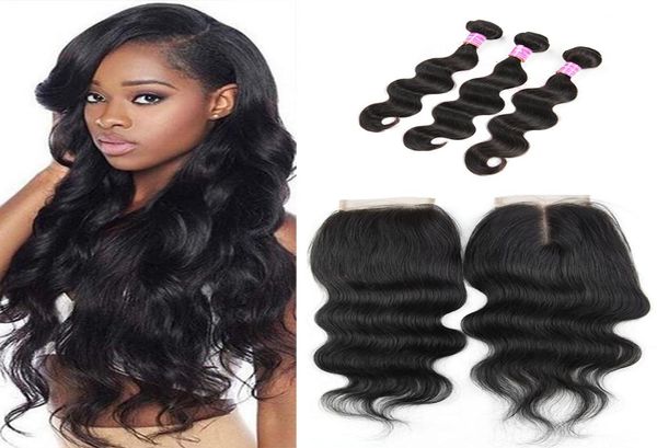 3 Bundles vague de corps avec fermeture non transformés couleur naturelle vierge cheveux humains tisse DHgate sur haute qualité peut être permanenté Hair8812919