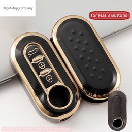 3 knoppen TPU Gold Edge Car Flip Folding Key Case Cover voor Fiat 500 Remote Key Shell Holder Protecor Keychain Accessoires