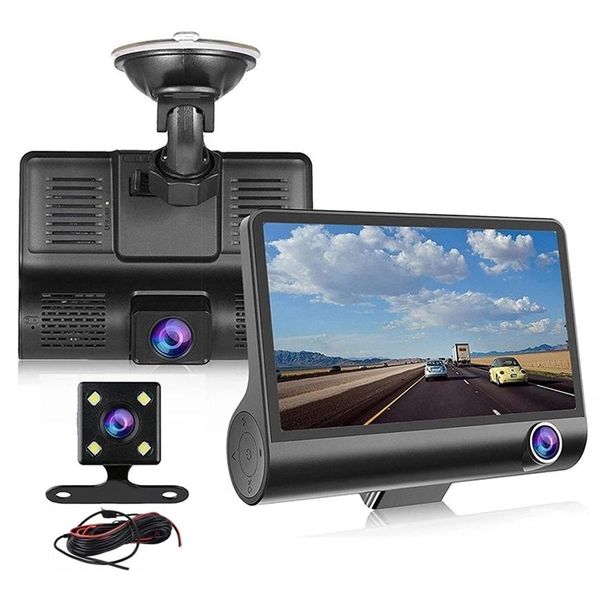 3 cámaras DVR para automóvil Conducción automática Dashcam Vehículo Grabadora de video 4 Pantalla Full HD 1080P Frontal 170 ° Trasero 140 ° Interior 120 ° G-s290O